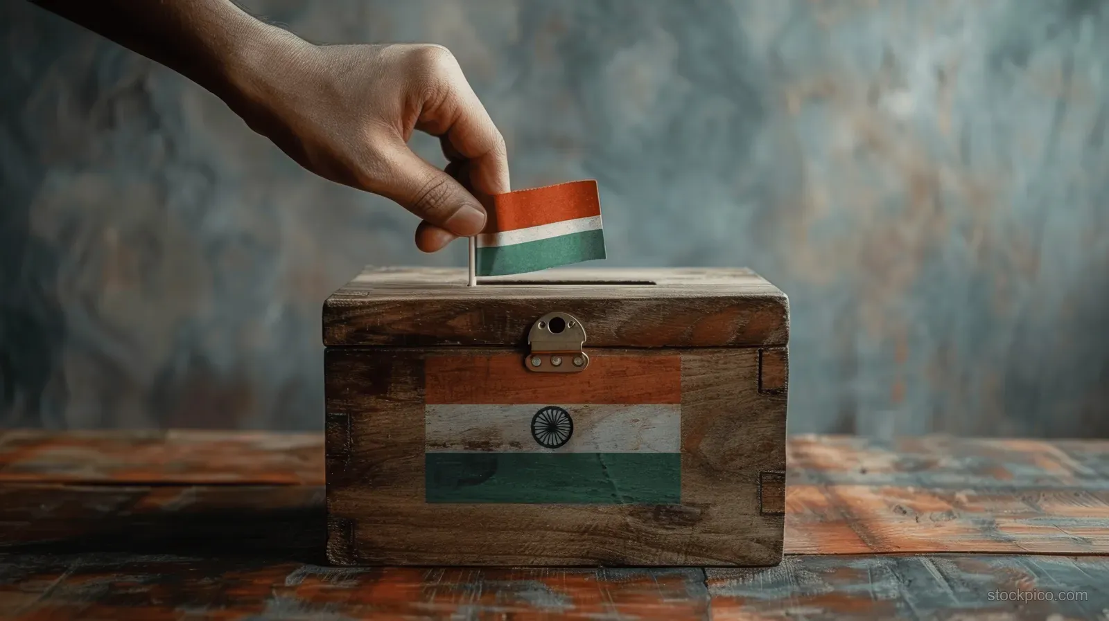 Hand inserts a small Indian flag into a wooden ballot box on a tabletop with a grey backdrop.