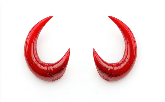 Shiny red curved devil horns isolated on a clean white background.