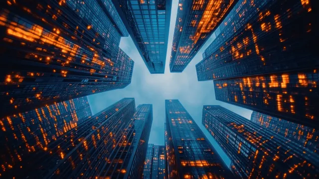 A futuristic data tunnel between illuminated buildings streams digital transaction codes toward a vanishing point.