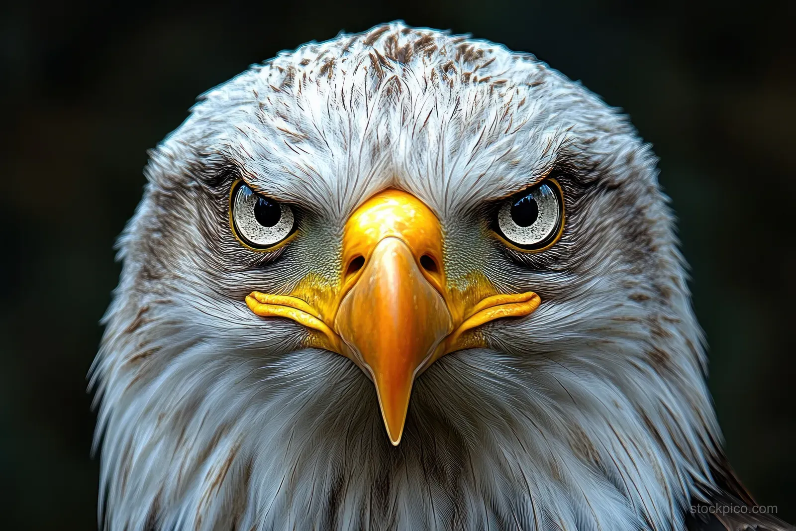 Close-up portrait of an eagle’s head staring intensely with sharp eyes and detailed feathers against a dark background.