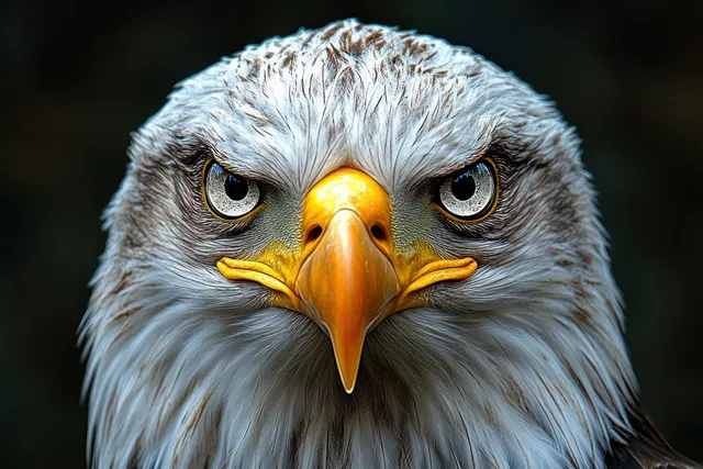 Close-up portrait of an eagle’s head staring intensely with sharp eyes and detailed feathers against a dark background.