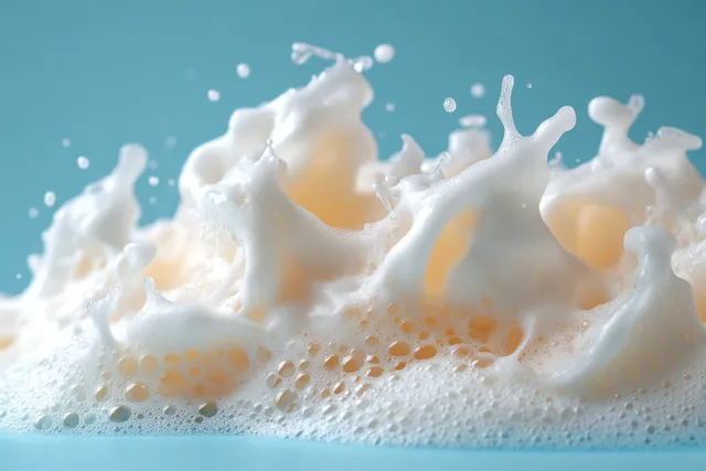 White cleansing mousse foam splashes into bubbles on a blue background, showing rich lather texture.