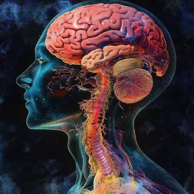 Surreal head profile with colorful brain and glowing respiratory system overlay