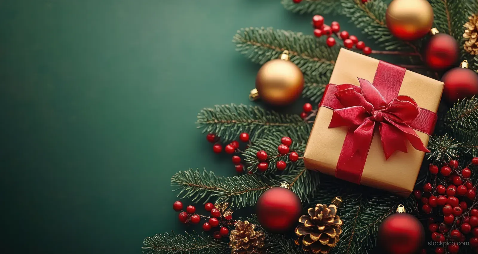 Wrapped Christmas gift with red bow resting on pine branches beside red berries, gold ornaments, and pinecones.