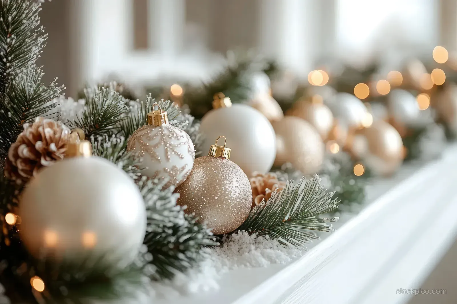 Christmas garland with white and gold ornaments on a mantel in a softly lit room.