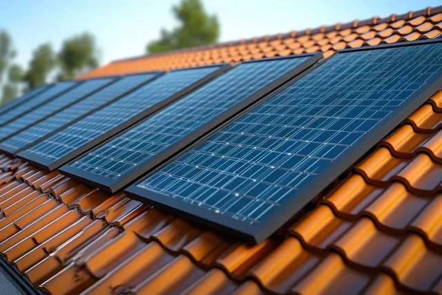 Solar panels mounted on terracotta roof tiles in daylight with blurred green trees behind.