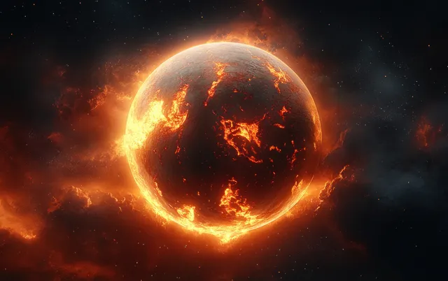 Burning Earth in space with lava fire glow and glowing debris around the planet