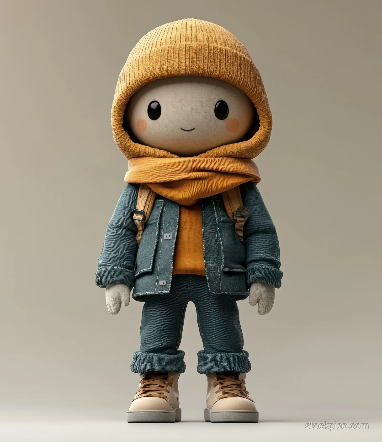 3D character in a yellow hood and casual clothes stands facing forward under soft studio light.