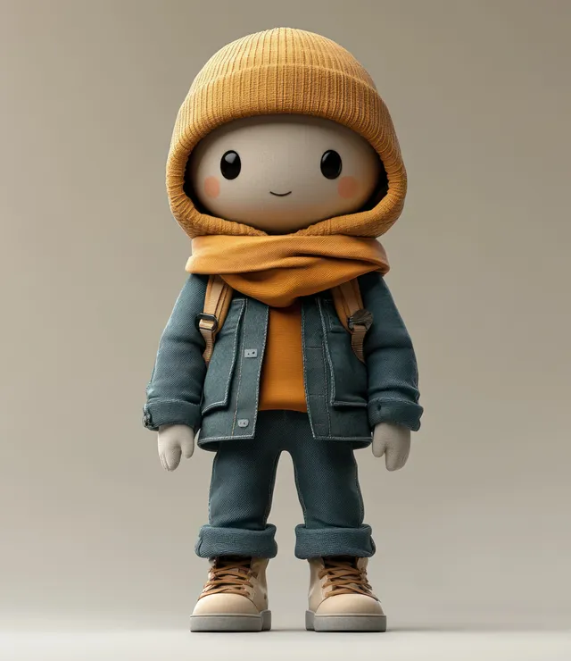 3D character in a yellow hood and casual clothes stands facing forward under soft studio light.