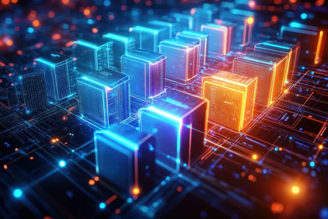 Futuristic circuit board with glowing blue and orange rectangular components connected by bright digital lines.