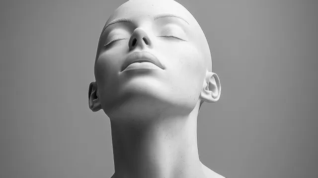 Close-up grayscale portrait of a bald person with closed eyes and head tilted back against a neutral background.