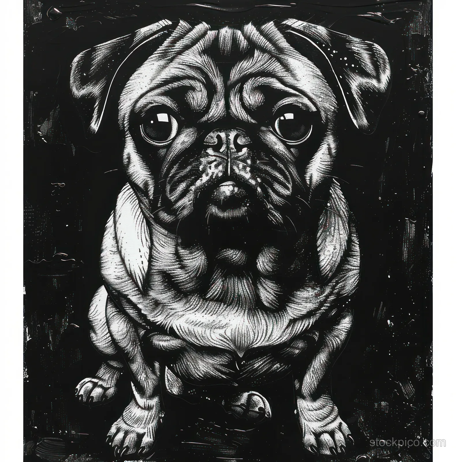 Monochrome sketch of a muscular pug sitting on a dark textured background with detailed fur shading.