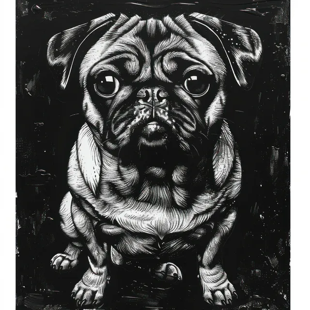 Black and white pencil sketch of a muscular sitting pug on a dark textured background