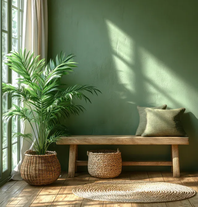 Green potted plant sits beside a wooden bench in a sunlit Scandinavian living room with woven baskets and soft shadows.