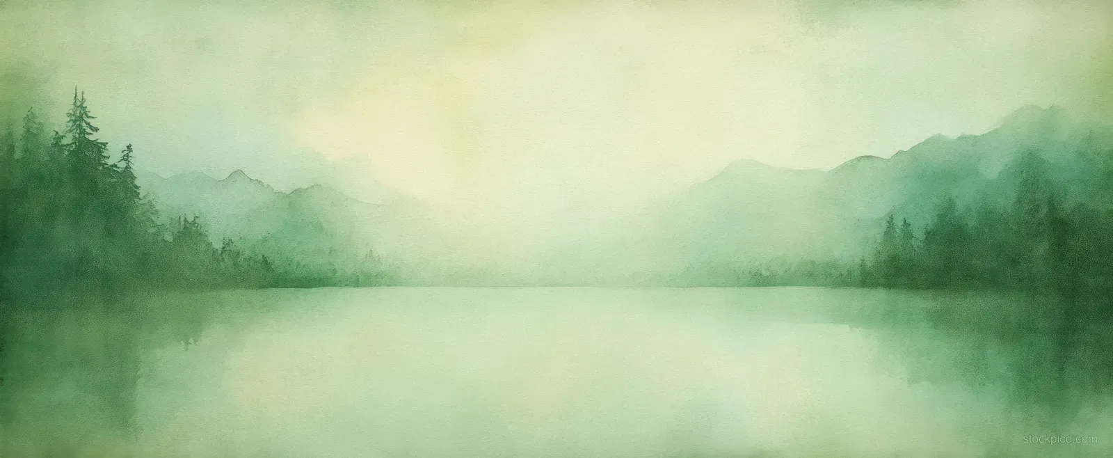Misty green watercolor landscape with a calm lake, distant trees, and faded textured paper background.