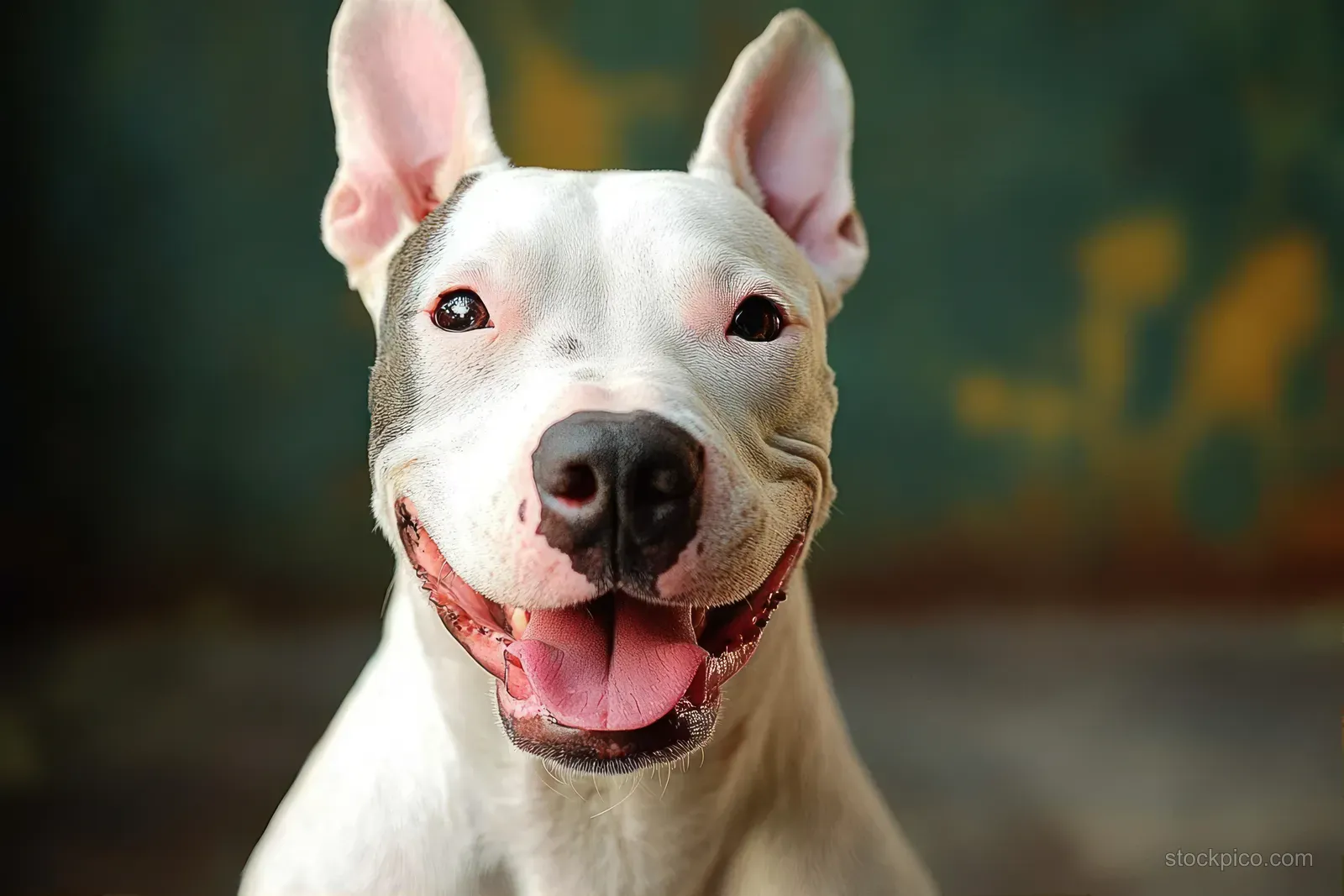 A happy white dog pants with tongue out and perked ears in a close-up portrait facing the camera.