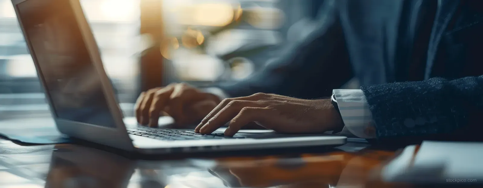 Close-up of a man’s hands typing on a laptop at an office desk with a blurred background.