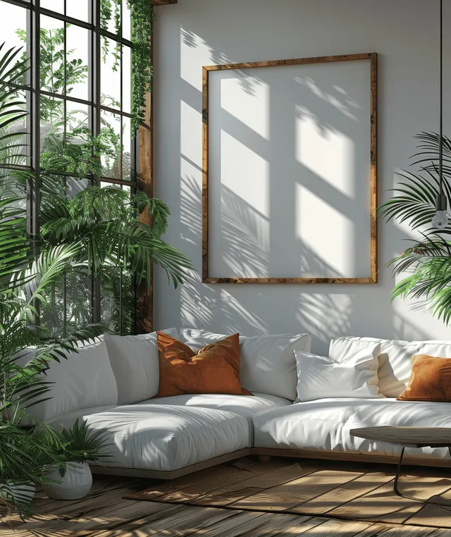 Vertical wooden picture frame on white wall casting window shadow in bright minimalist living room with Interior Design Mockups