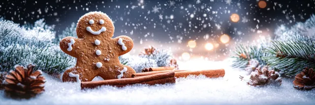Gingerbread man standing in snowy pine branches with cinnamon sticks and glowing lights behind.