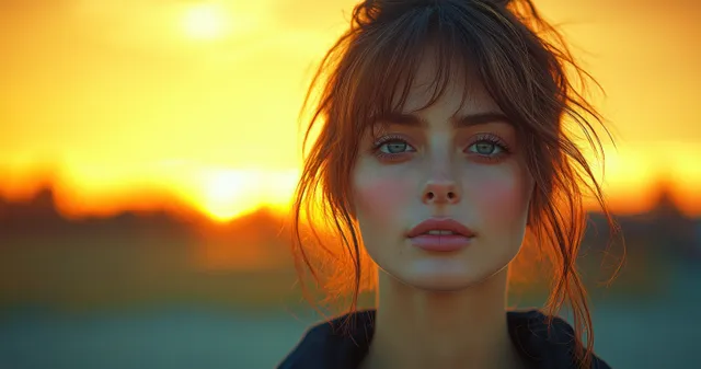 Young woman portrait at golden hour with impressionist blur and soft countryside light