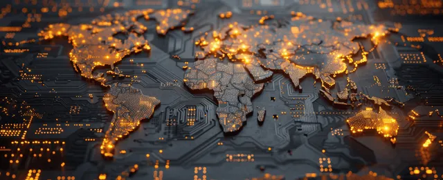 Glowing microchip circuit nodes form a world map across connected regions.