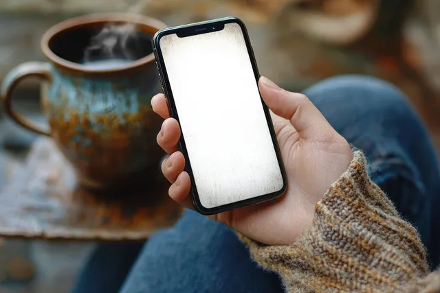 Hand holding a smartphone with blank screen beside steaming coffee in cozy sweater