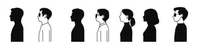 A symmetrical row of black and white minimalist person vector icons on a white background.