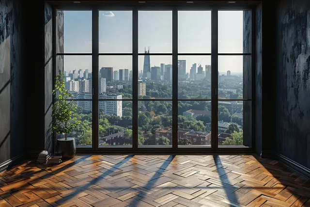 Empty Scandinavian interior with parquet floor and black walls facing a panoramic window over a city skyline.