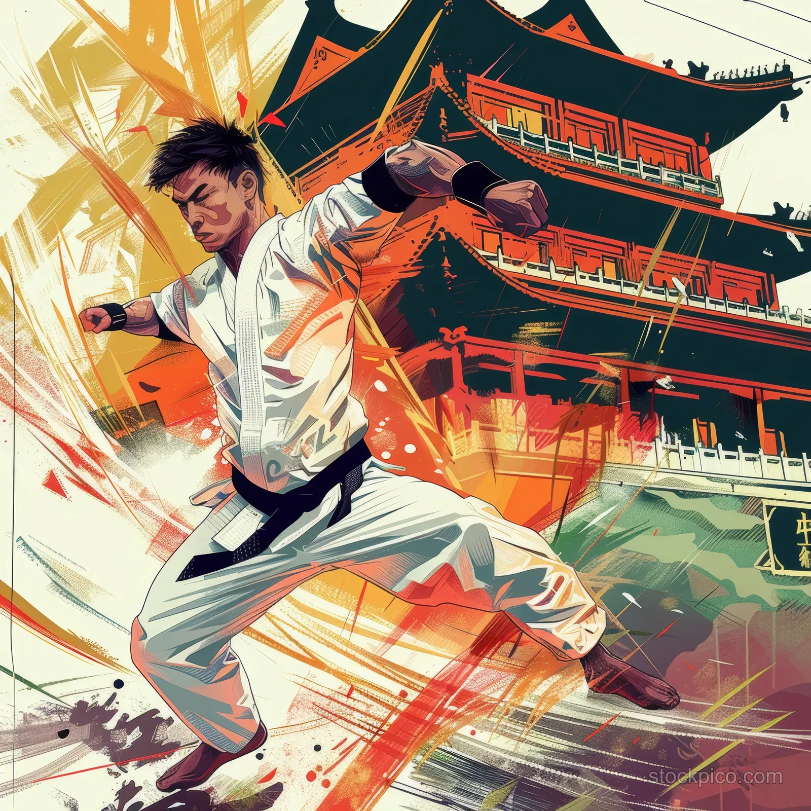 Taekwondo athlete performs a flying kick before a traditional Chinese temple with bright motion streaks.