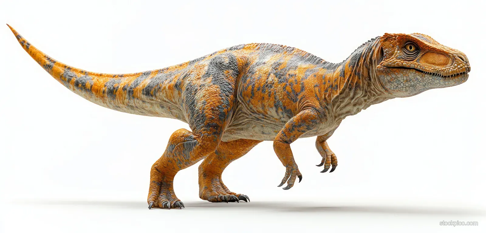 Acrocanthosaurus theropod dinosaur standing in side view with textured scales and claws on a white background.