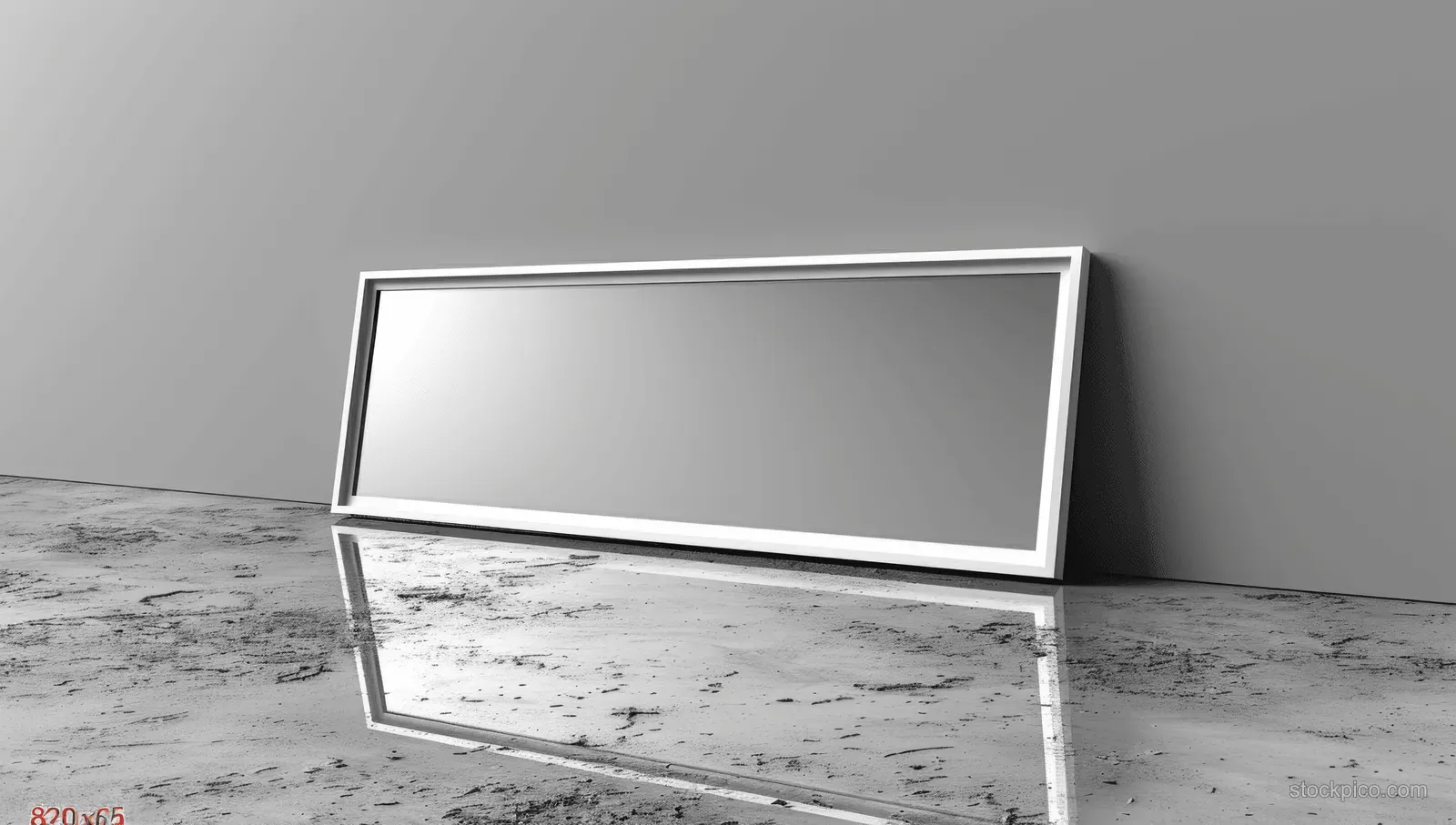 Large rectangular mirror with a white frame is leaning against a gray wall and reflecting a textured concrete floor.