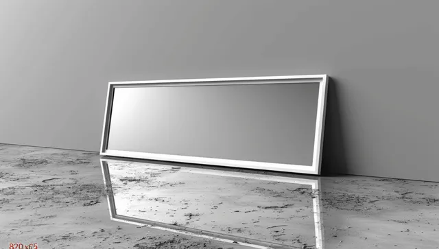 Large rectangular mirror with a white frame is leaning against a gray wall and reflecting a textured concrete floor.
