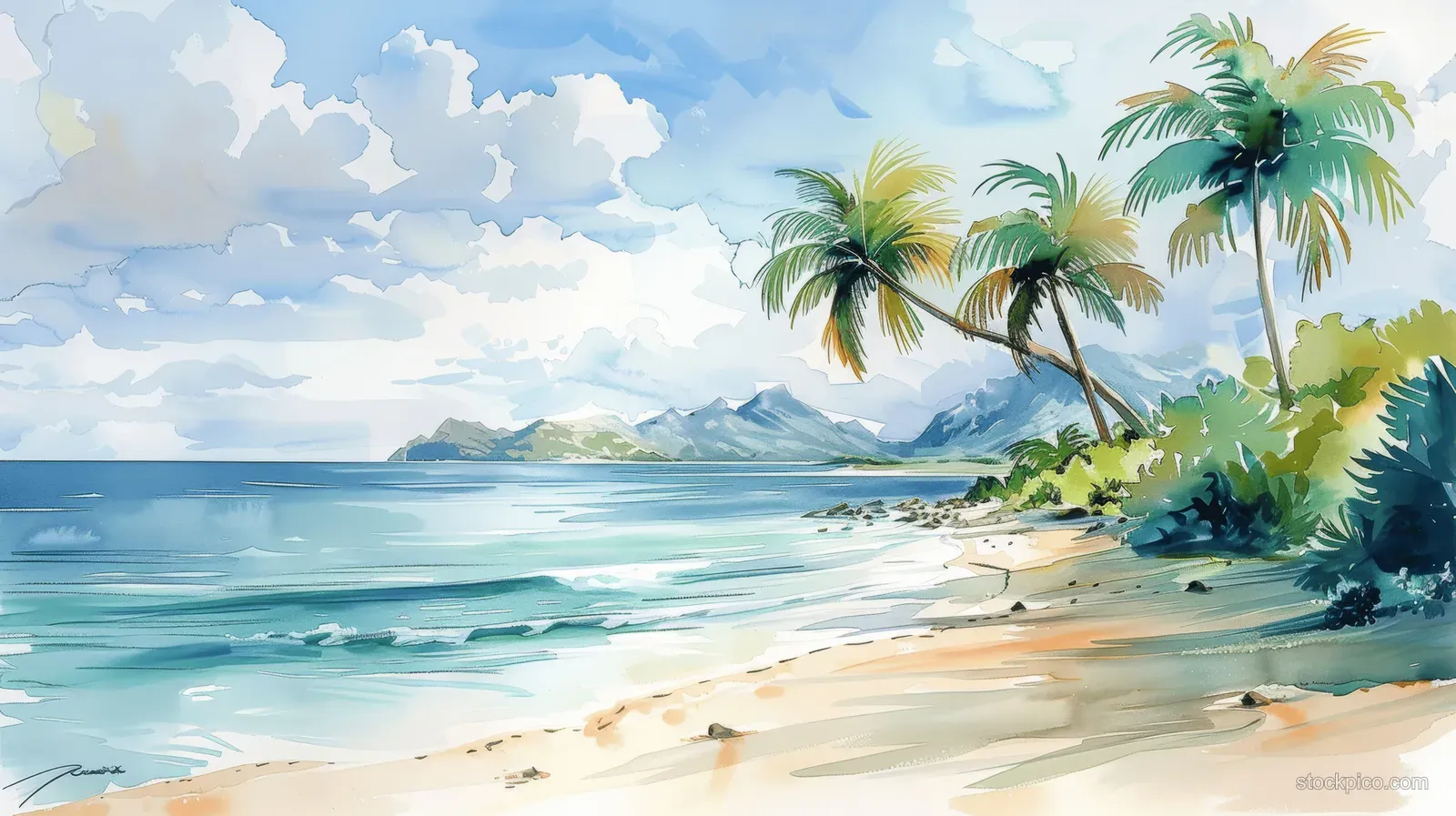 Watercolor tropical beach with palm trees leaning over sand, turquoise ocean, distant hills, and cloudy sky.