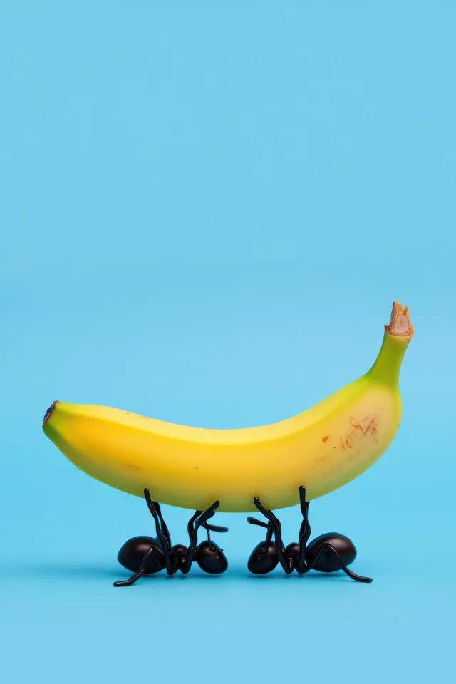 Three black ants carry a large yellow banana on a bright blue background.