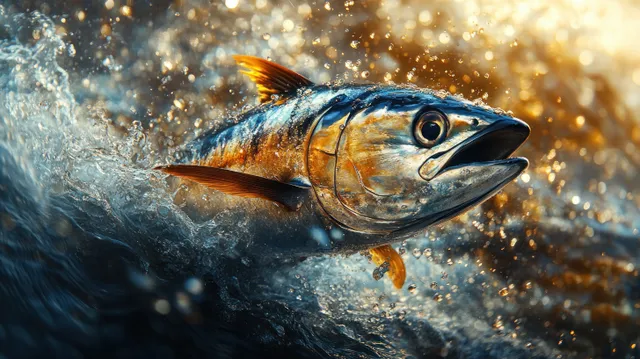 Tuna fish leaps underwater amid bright splashes and floating droplets under warm ocean backlight.