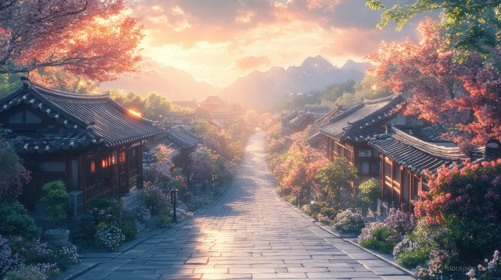 A stone walkway passes between Bukchon hanok houses as warm sunset light falls on tiled roofs and trees.