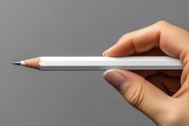 A hand holds a pencil ready to draw on a neutral background with soft shadows.