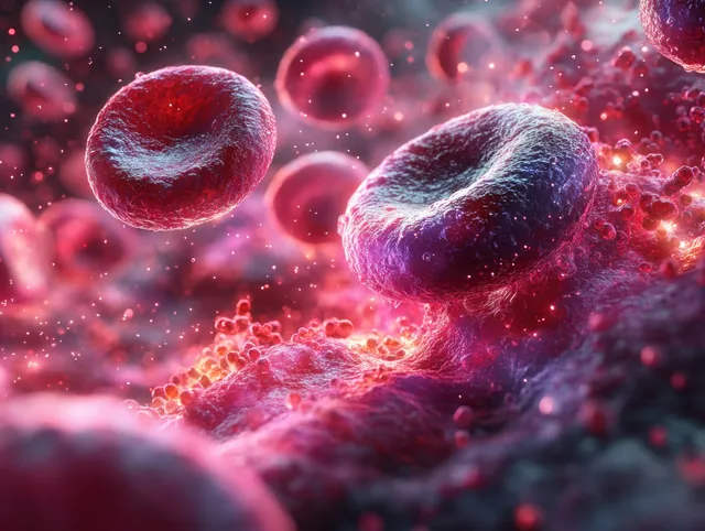 Macrophage-like immune cells emit glowing cytokine signals around interacting red blood cells in an inflamed fluid space.