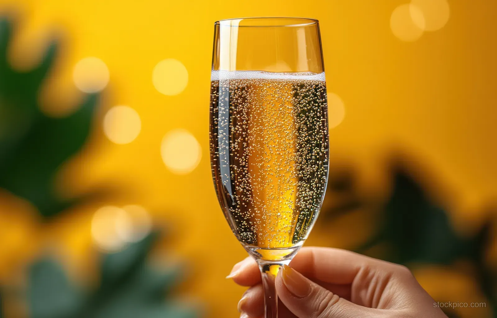 A hand holds a champagne flute filled with sparkling drink against a warm golden bokeh background.