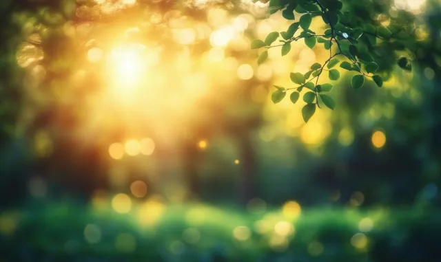 Sunlit forest canopy with dappled light, soft bokeh, and drifting golden glow