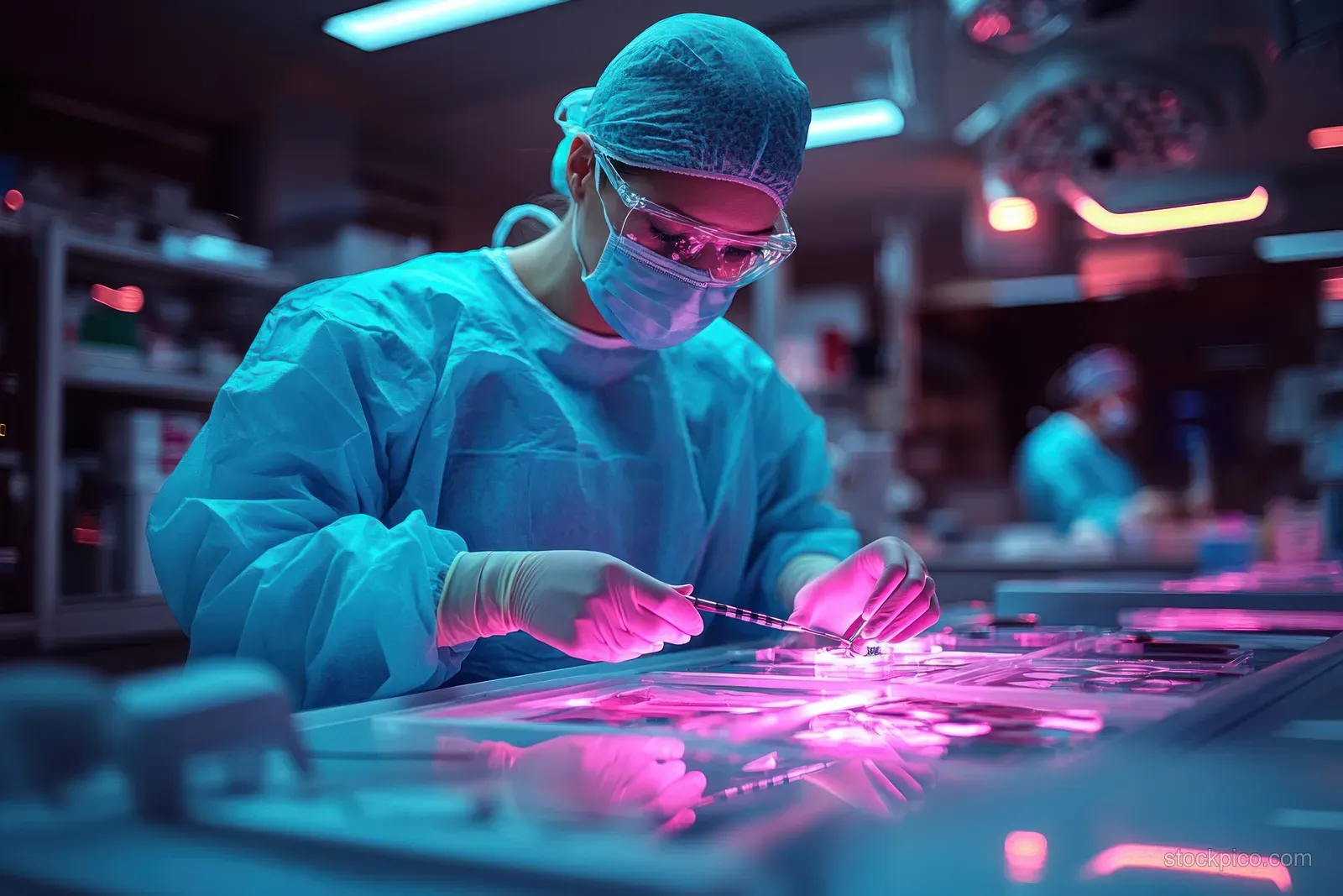 A clinician in blue scrubs performs a laser procedure on an operating table under vivid glowing light.