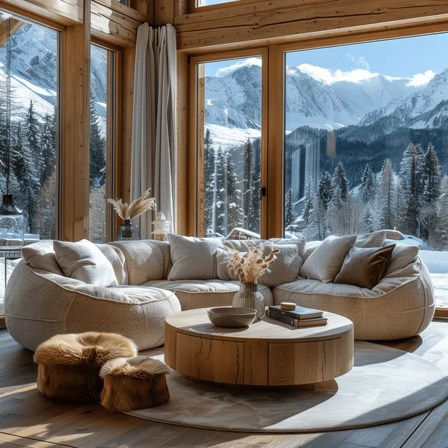 Beige sofa and round wooden coffee table in a Scandinavian living room with panoramic winter mountain view through large windows.
