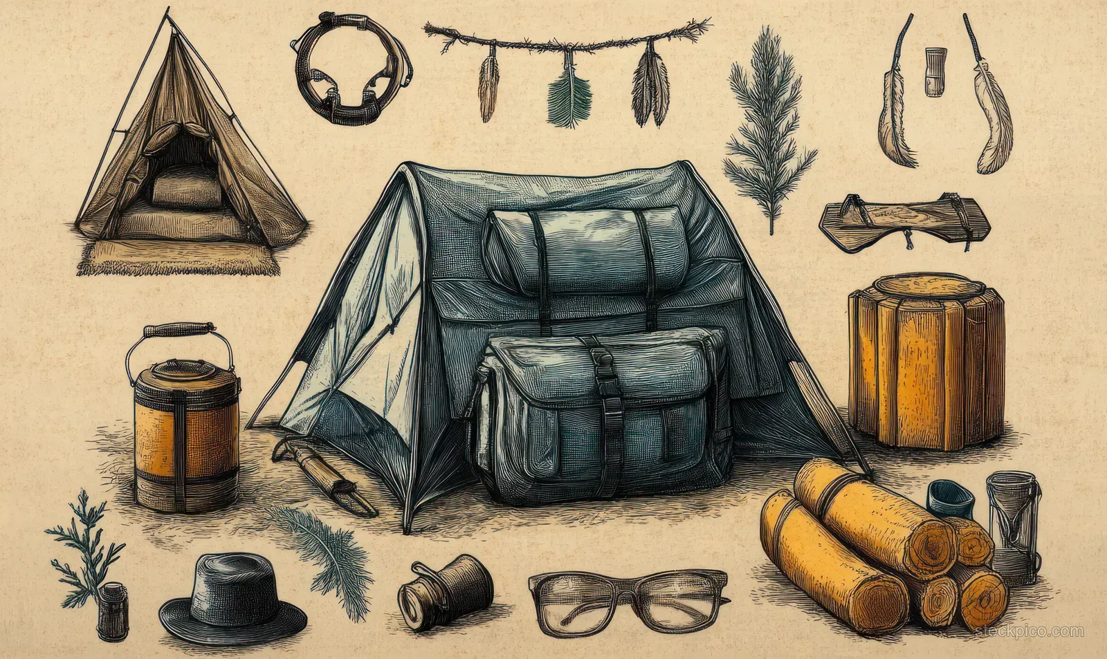 Vintage camping gear illustration showing a canvas tent, lantern, thermos, rope, and tools around logs on a tan backdrop.