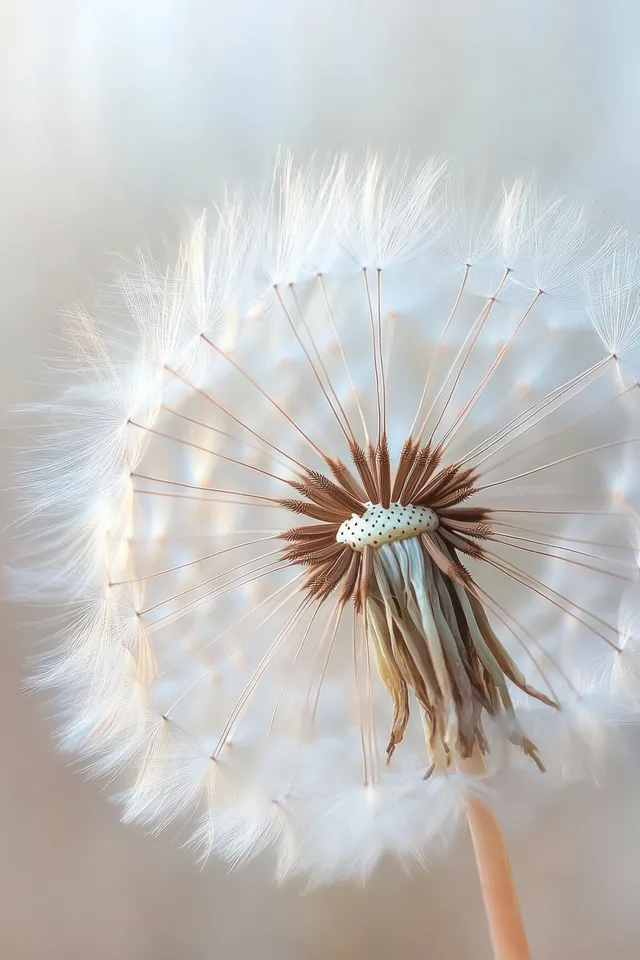 Close-up of a dandelion seed head with fine white seeds radiating from the central pod in soft light.