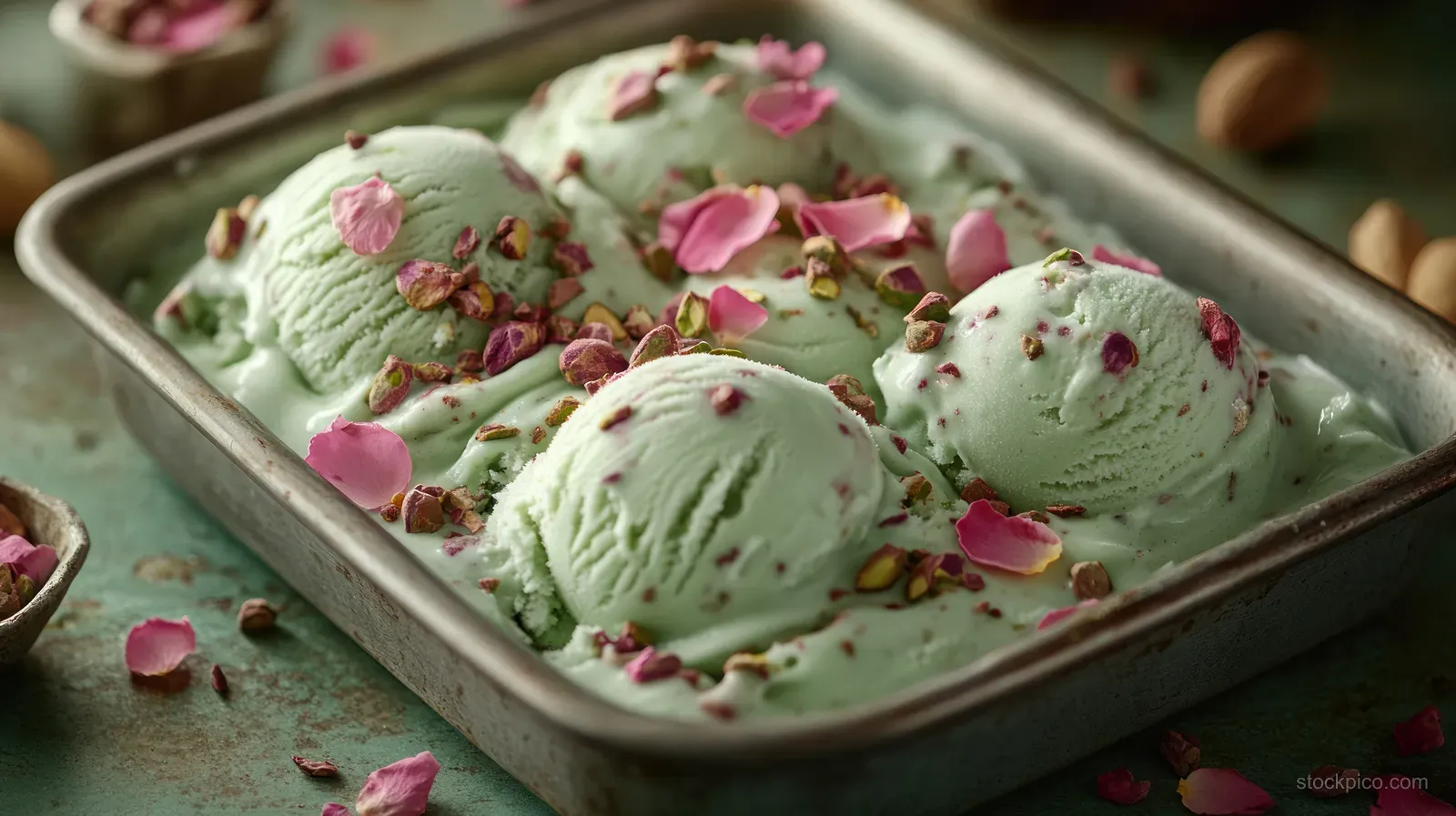 Pistachio ice cream scoops topped with rose petals and crushed nuts in a shallow tray.