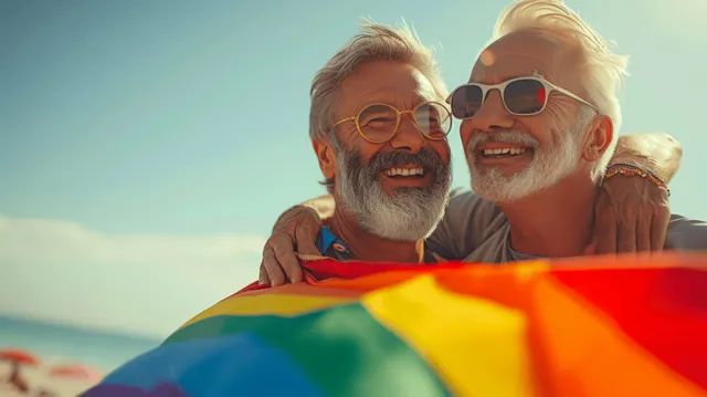 Joyful elderly gay couple hugging on a sunny beach, rainbow flag foreground