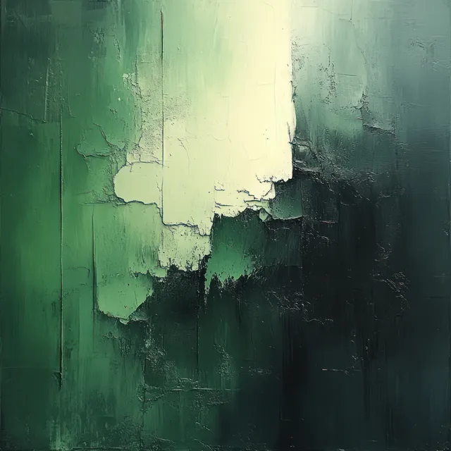 Grungy green and gray abstract canvas with layered paint tears and splatter texture