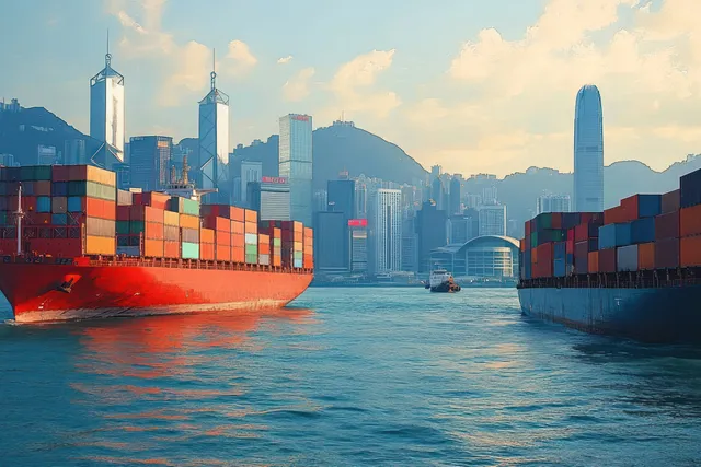 Two container ships with colorful container stacks move through a harbor under partly cloudy skies beside a distant skyline and mountains.