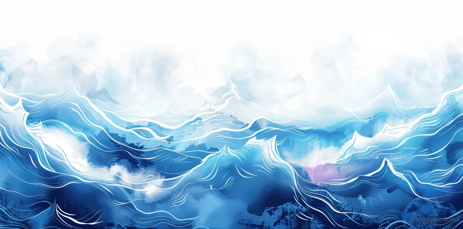 Blue and white abstract watercolor ocean waves with foamy swirls filling a horizontal banner.