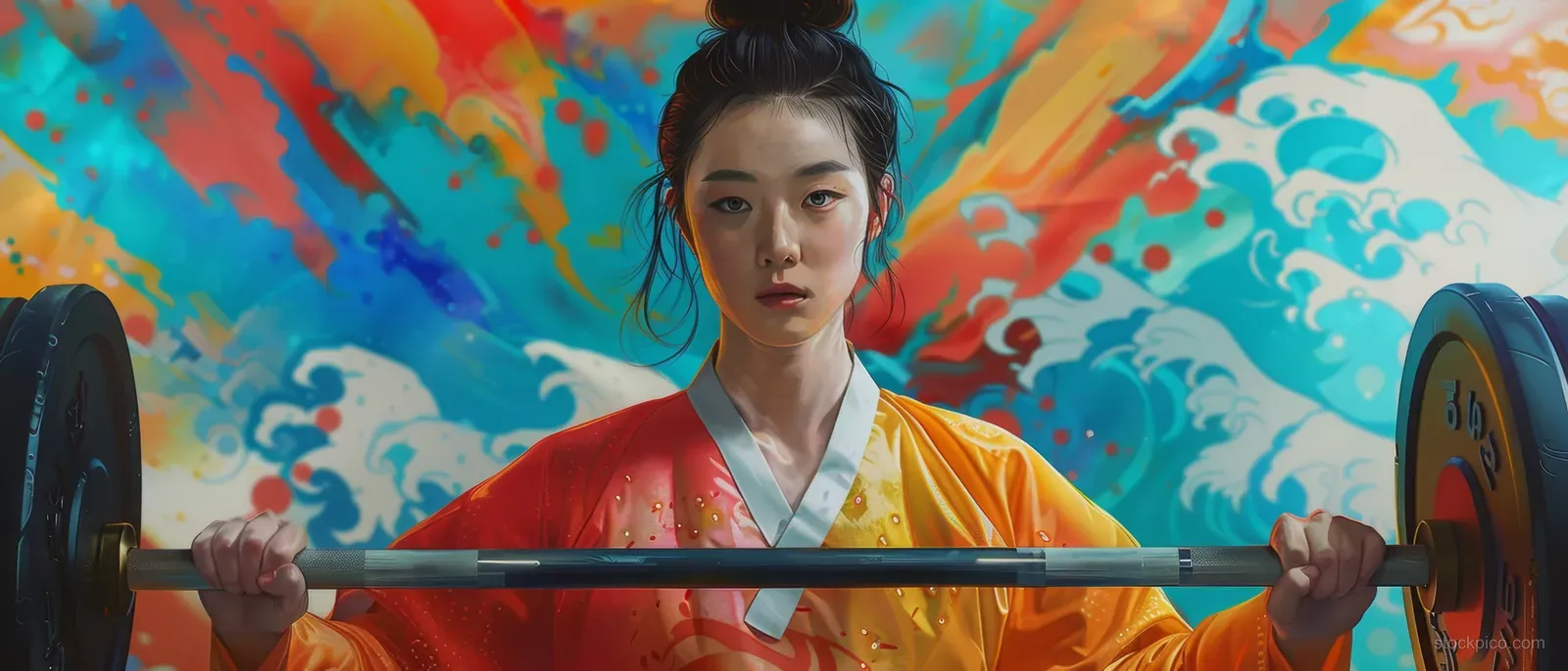 A South Korean weightlifter grips a barbell in a clean-and-jerk stance against a colorful paint-splash background.